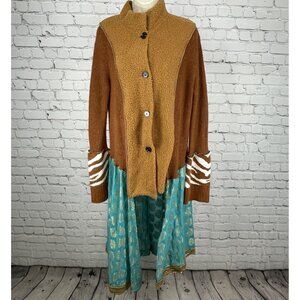 Upcycle By Jelbel Brown Blue Gold Trim Button Up Cardigan Duster Size Small S